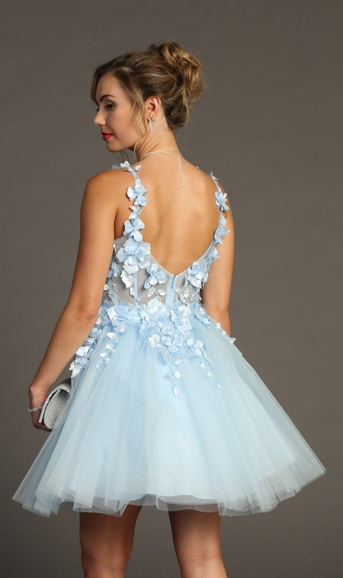 A woman stands facing away against a plain background, holding a silver clutch and wearing the Floral-Bodice Short Babydoll Homecoming Dress C321 in light blue, featuring a sleeveless design and a 3D floral bodice.